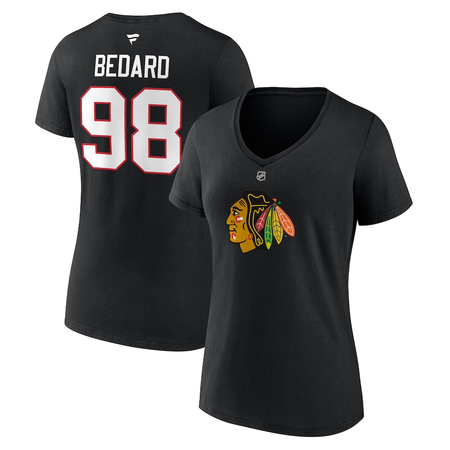 Women's Chicago Blackhawks Connor Bedard Fanatics Black 2023 NHL Draft Authentic Stack Player Name & Number V-Neck T-Shirt - Jersey