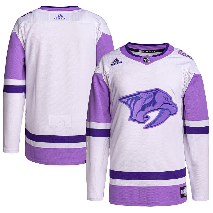 Men's Nashville Predators adidas White/Purple Hockey Fights Cancer Primegreen Authentic Blank Practice Jersey - Jersey