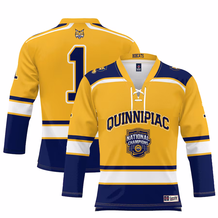 #1 Quinnipiac Bobcats GameDay Greats Youth 2023 NCAA Men's Ice Hockey National Champions Hockey Jersey - Gold - Jersey