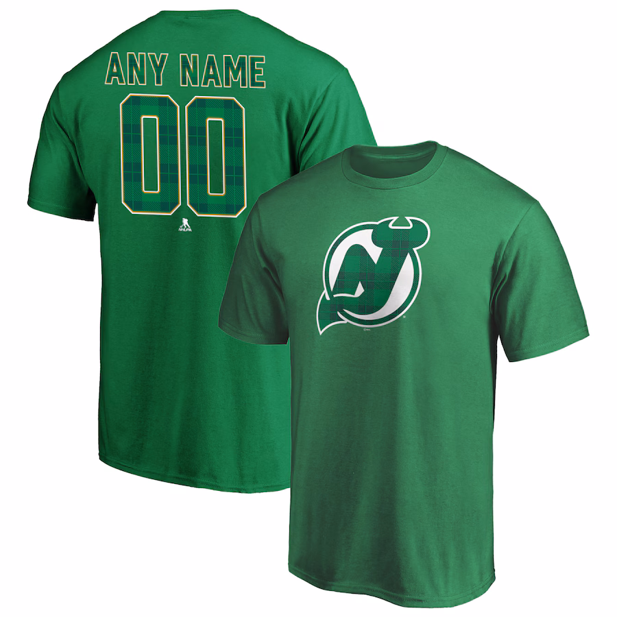 Men's New Jersey Devils Green Emerald Plaid Personalized Name & Number T-Shirt - Jersey