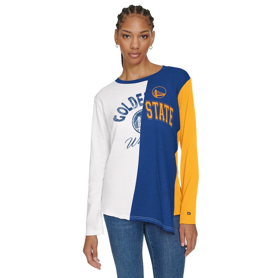Women's Golden State Warriors Tommy Jeans White/Royal Amelia Color Blocked Long Sleeve T-Shirt - Jersey