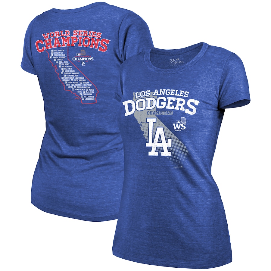 Women's Los Angeles Dodgers Majestic Threads Royal 2024 World Series Champions Tri-Blend Roster T-Shirt - Jersey