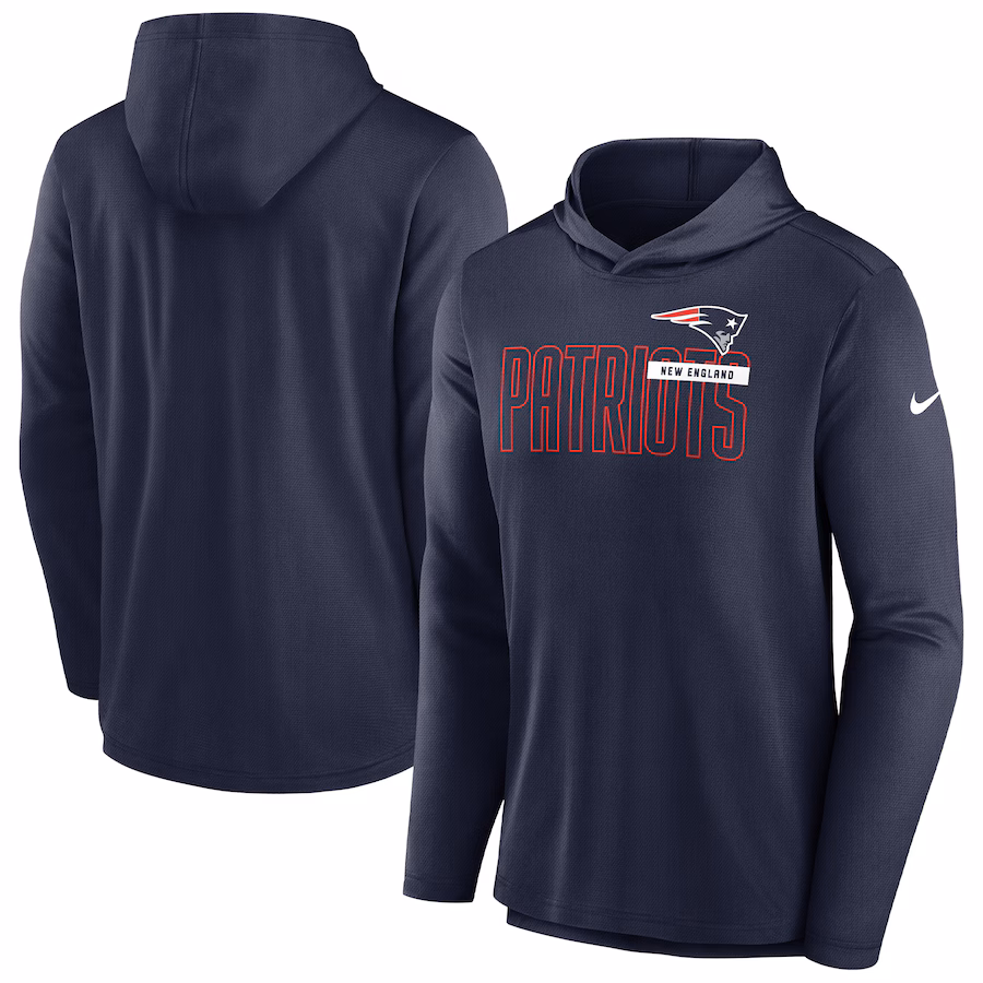 Men's New England Patriots Nike Navy Lightweight Performance Hooded Long Sleeve T-Shirt - Jersey