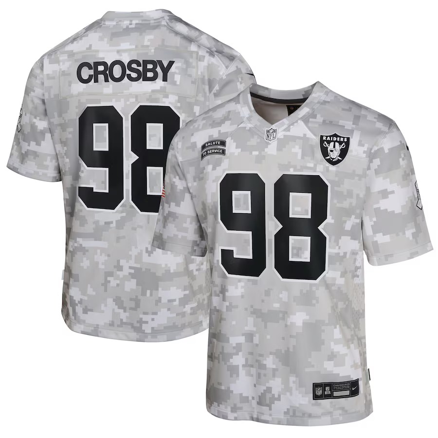 Youth Las Vegas Raiders Maxx Crosby Nike Arctic Camo 2024 Salute to Service Game Jersey - Jersey