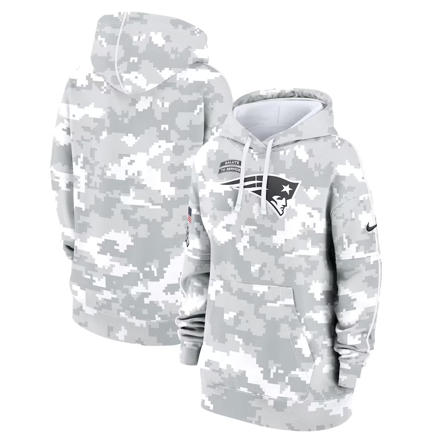 Women's New England Patriots Nike Arctic Camo 2024 Salute To Service Club Fleece Pullover Hoodie - Jersey