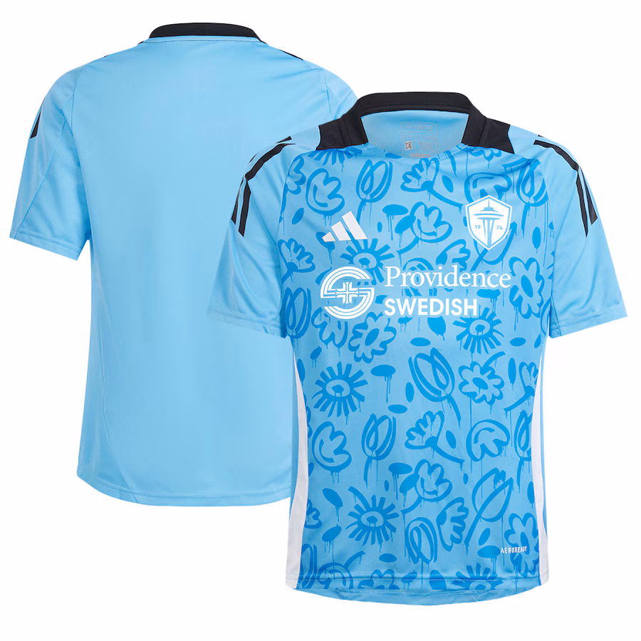 Youth Seattle Sounders FC adidas Blue 2024 One Planet Pre-Match Top - Jersey