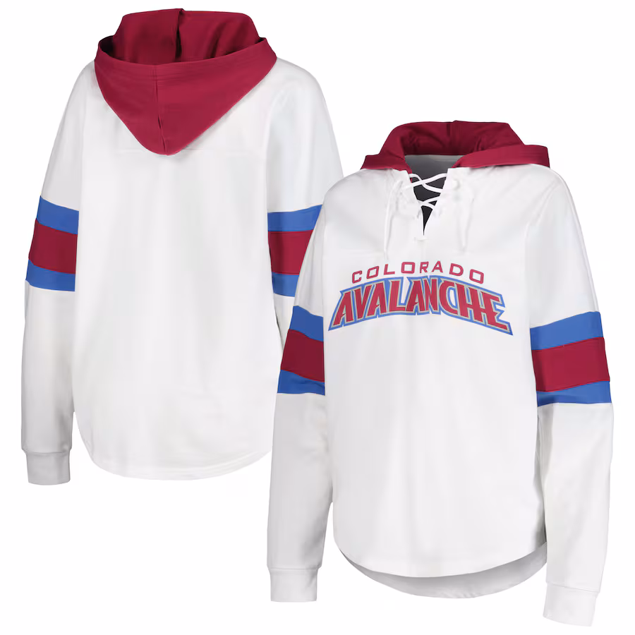 Women's Colorado Avalanche G-III 4Her by Carl Banks White/Burgundy Goal Zone Long Sleeve Lace-Up Hoodie T-Shirt - Jersey