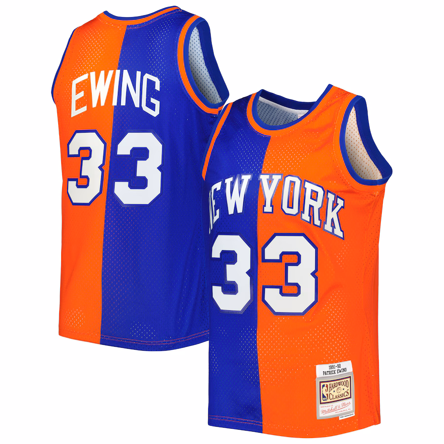 Men's New York Knicks Patrick Ewing Mitchell & Ness Blue/Orange Hardwood Classics 1991/92 Split Swingman Jersey - Jersey