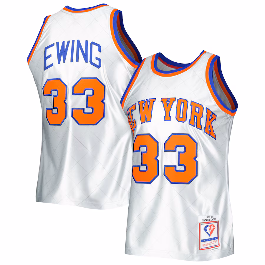 Men's New York Knicks Patrick Ewing Mitchell & Ness Platinum 1985/86 Hardwood Classics 75th Anniversary Swingman Jersey - Jersey