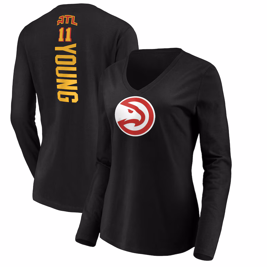 Women's Atlanta Hawks Trae Young Black Playmaker Name & Number V-Neck Long Sleeve T-shirt - Jersey