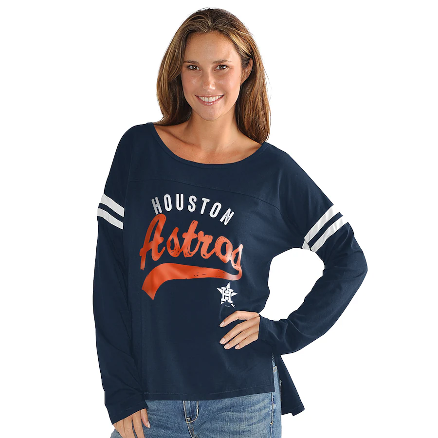 Women's Houston Astros G-III 4Her by Carl Banks Navy Free Agent Distressed Long Sleeve Scoop Neck T-Shirt - Jersey