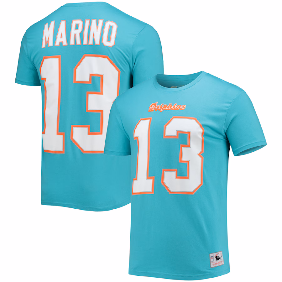 Men's Dan Marino Miami Dolphins Mitchell & Ness Aqua Retired Player Name & Number T-Shirt - Jersey