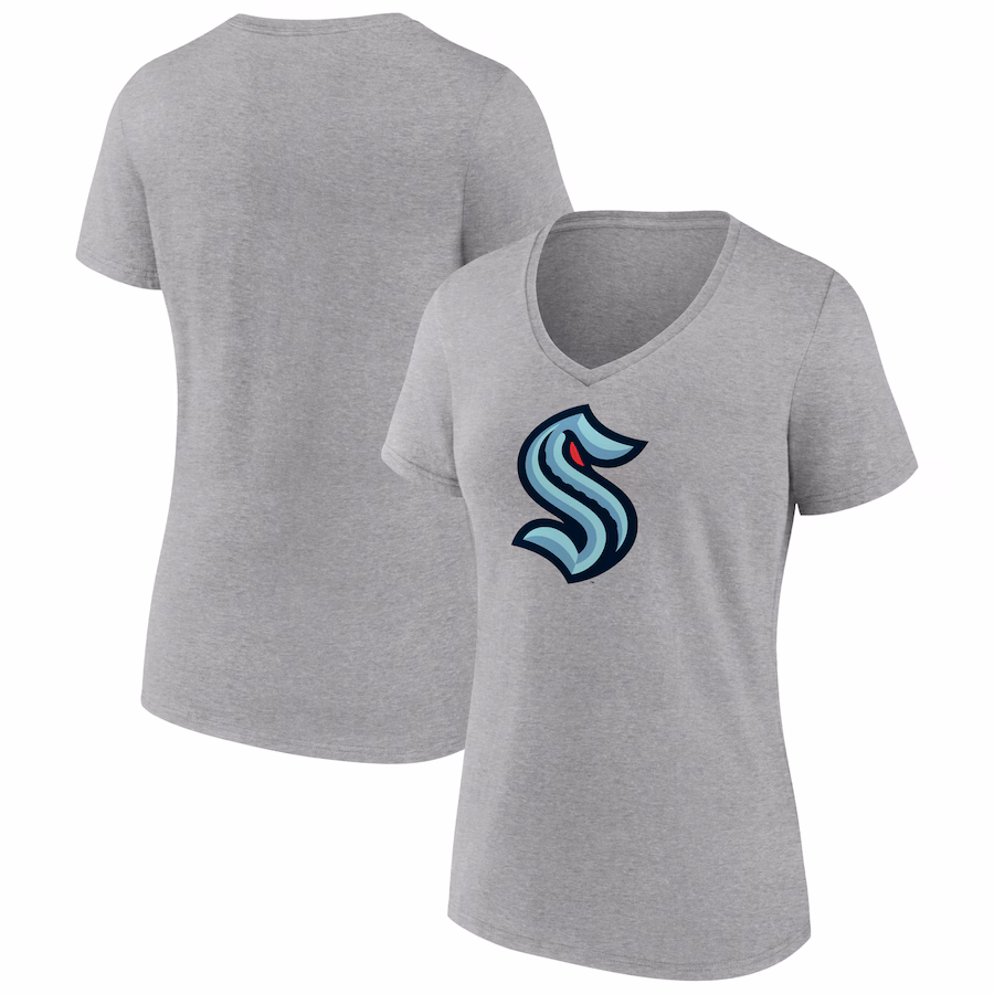 Women's Seattle Kraken Fanatics Heathered Gray Primary Logo Team V-Neck T-Shirt - Jersey