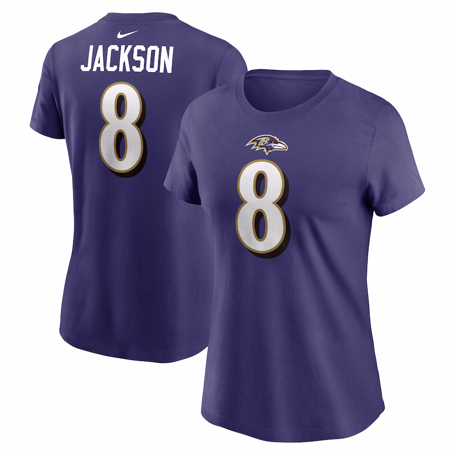 Women's Baltimore Ravens Lamar Jackson Nike Purple Player Name & Number T-Shirt - Jersey