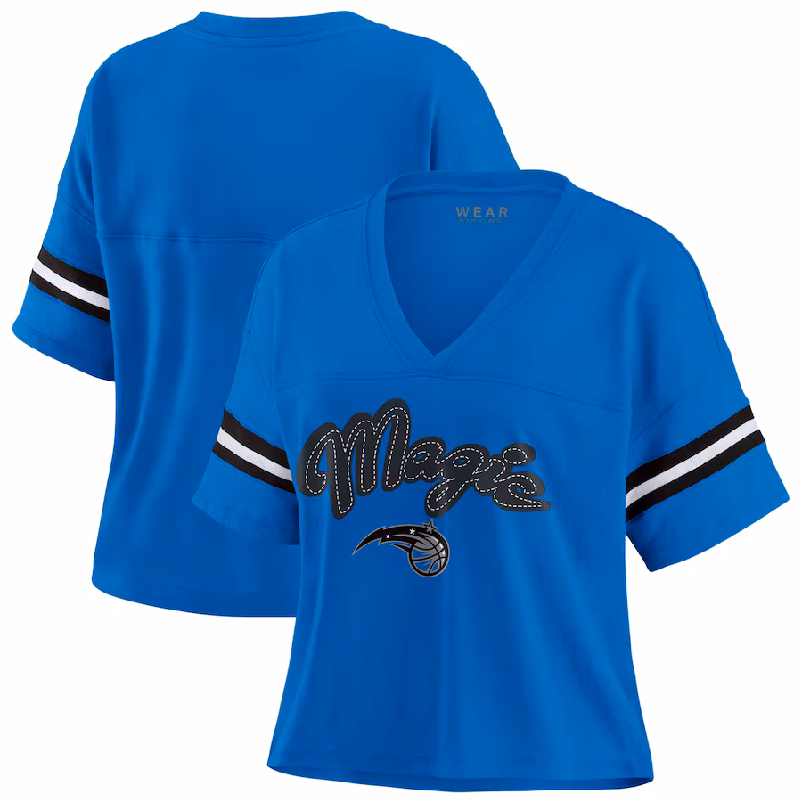 Women's Orlando Magic WEAR by Erin Andrews Blue Color Block Boxy V-Neck T-Shirt - Jersey