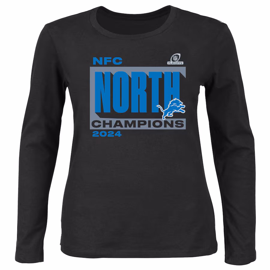 Women's Detroit Lions Fanatics Black 2024 NFC North Division Champions Plus Size Long Sleeve Scoop Neck T-Shirt - Jersey