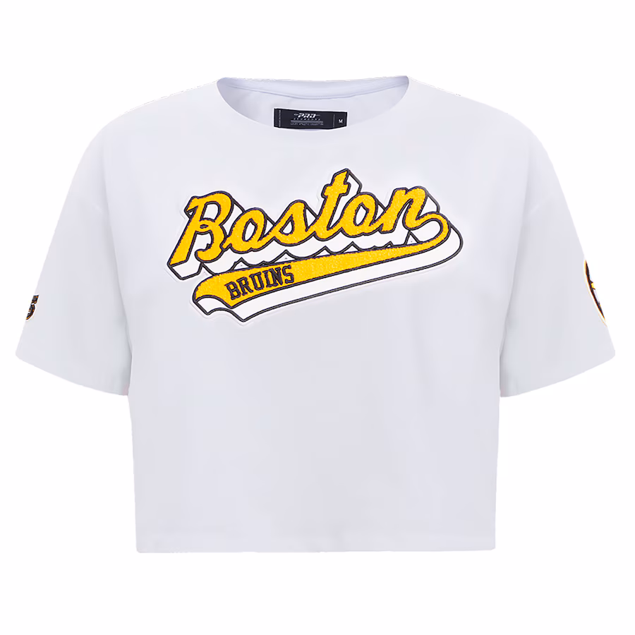 Women's Boston Bruins Pro Standard White Boxy Script Tail Cropped T-Shirt - Jersey