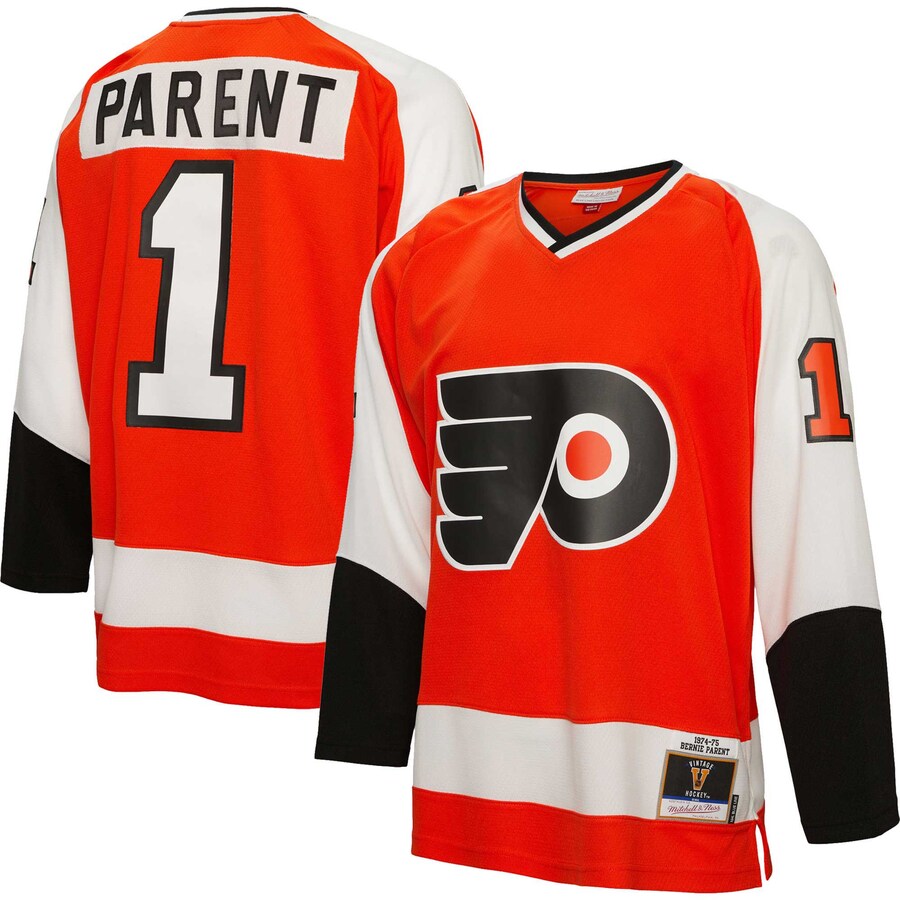Men's Philadelphia Flyers Bernie Parent Mitchell & Ness Orange 1974/75  Blue Line Player Jersey - Jersey