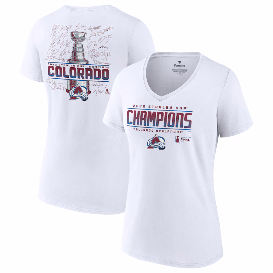 Women's Colorado Avalanche Fanatics White 2022 Stanley Cup Champions Signature Roster V-Neck T-Shirt - Jersey