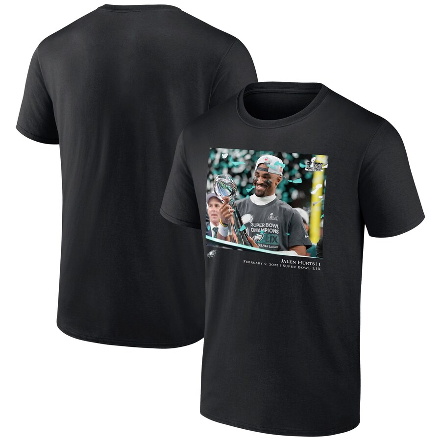 Men's Philadelphia Eagles Jalen Hurts Black NFL Flash Features Super Bowl LIX Champions T-Shirt - Jersey
