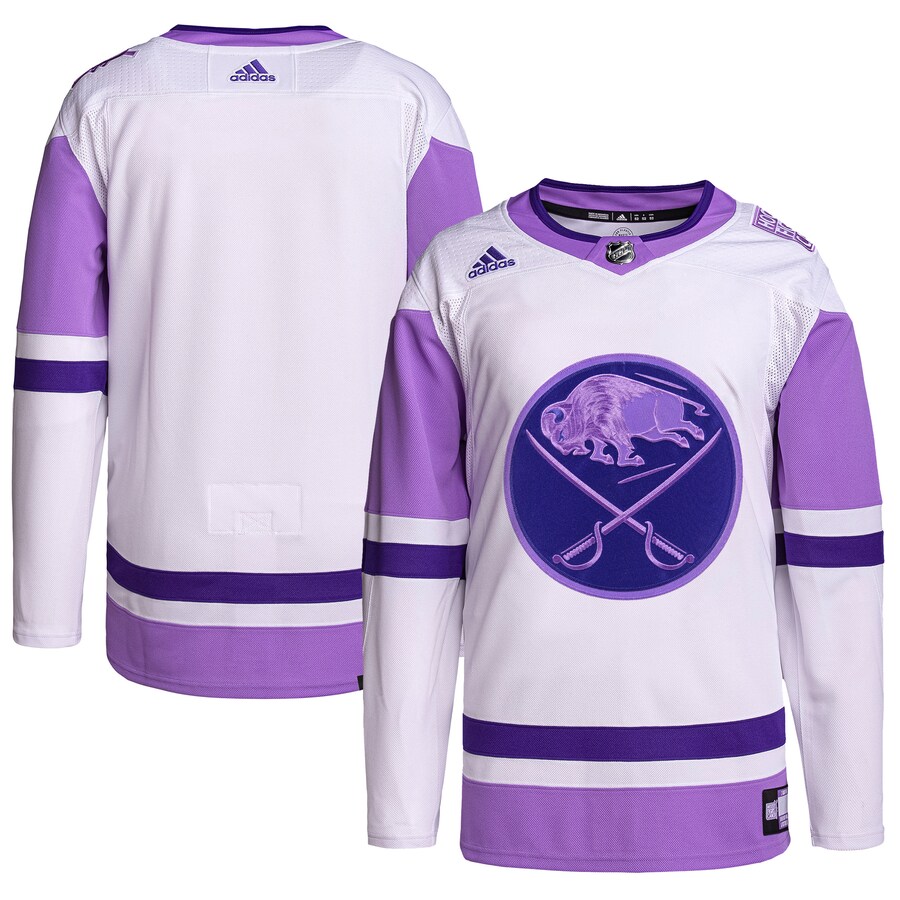 Men's Buffalo Sabres adidas White/Purple Hockey Fights Cancer Primegreen Authentic Blank Practice Jersey - Jersey