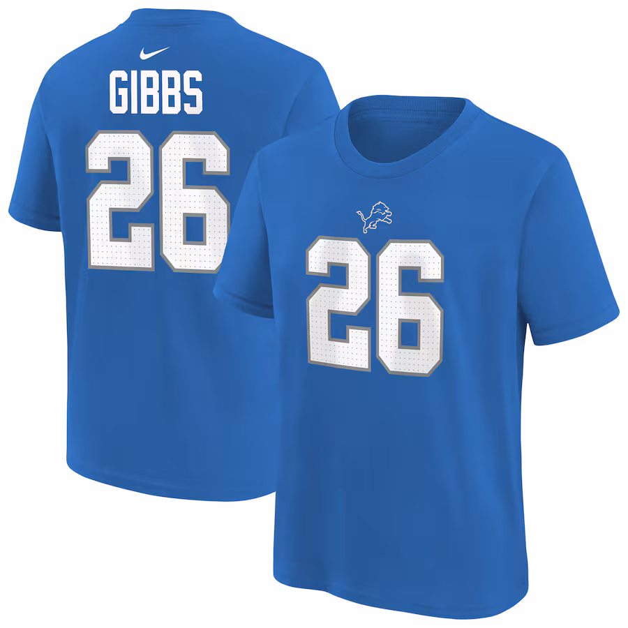 Youth Detroit Lions Jahmyr Gibbs Blue Nike Player Name & Number T-Shirt - Jersey