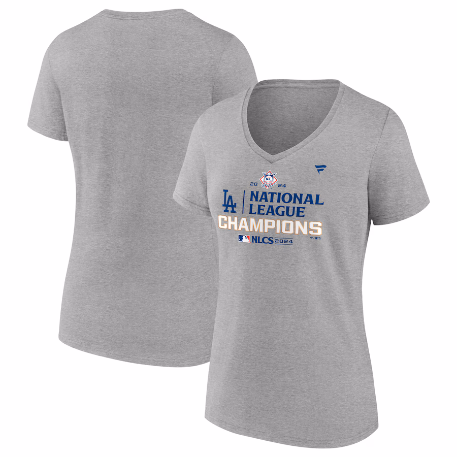 Women's Los Angeles Dodgers Fanatics Heather Gray 2024 National League Champions Locker Room V-Neck T-Shirt - Jersey