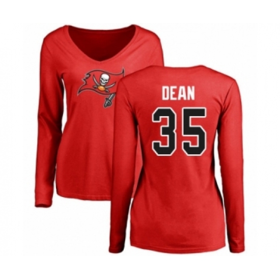 Football Women's Tampa Bay Buccaneers #35 Jamel Dean Red Name & Number Logo Long Sleeve T-Shirt - Jersey
