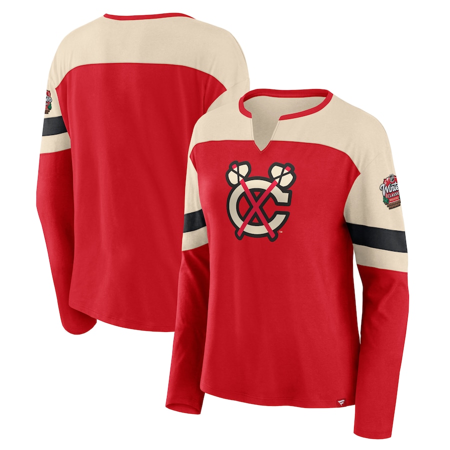 Women's Chicago Blackhawks Fanatics Red 2025 NHL Winter Classic Frozen Long Sleeve Notch Neck T-Shirt - Jersey
