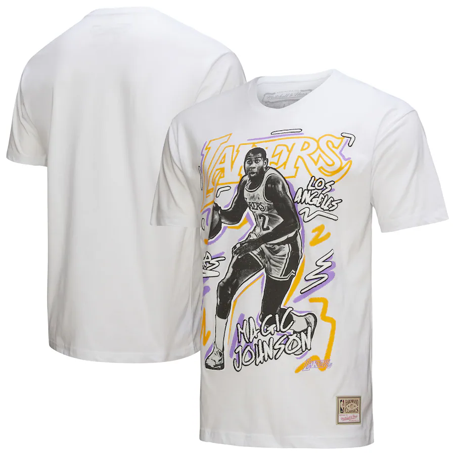 Men's Los Angeles Lakers Magic Johnson Mitchell & Ness White Hardwood Classics Chalked Up T-Shirt - Jersey