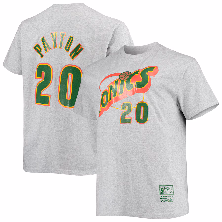 Men's Seattle SuperSonics Gary Payton Mitchell & Ness Heathered Gray Big & Tall Hardwood Classics Name & Number T-Shirt - Jersey