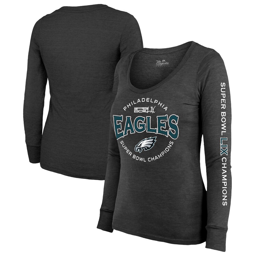 Women's Philadelphia Eagles  Majestic Threads Black Super Bowl LIX Champions Highlight Tri-Blend Scoop Neck Long Sleeve T-Shirt - Jersey