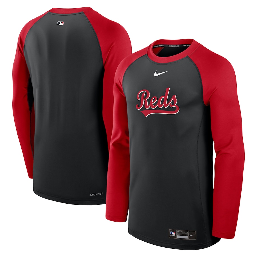 Men's Cincinnati Reds Nike Black/Red Authentic Collection Game Time Raglan Performance Long Sleeve T-Shirt - Jersey