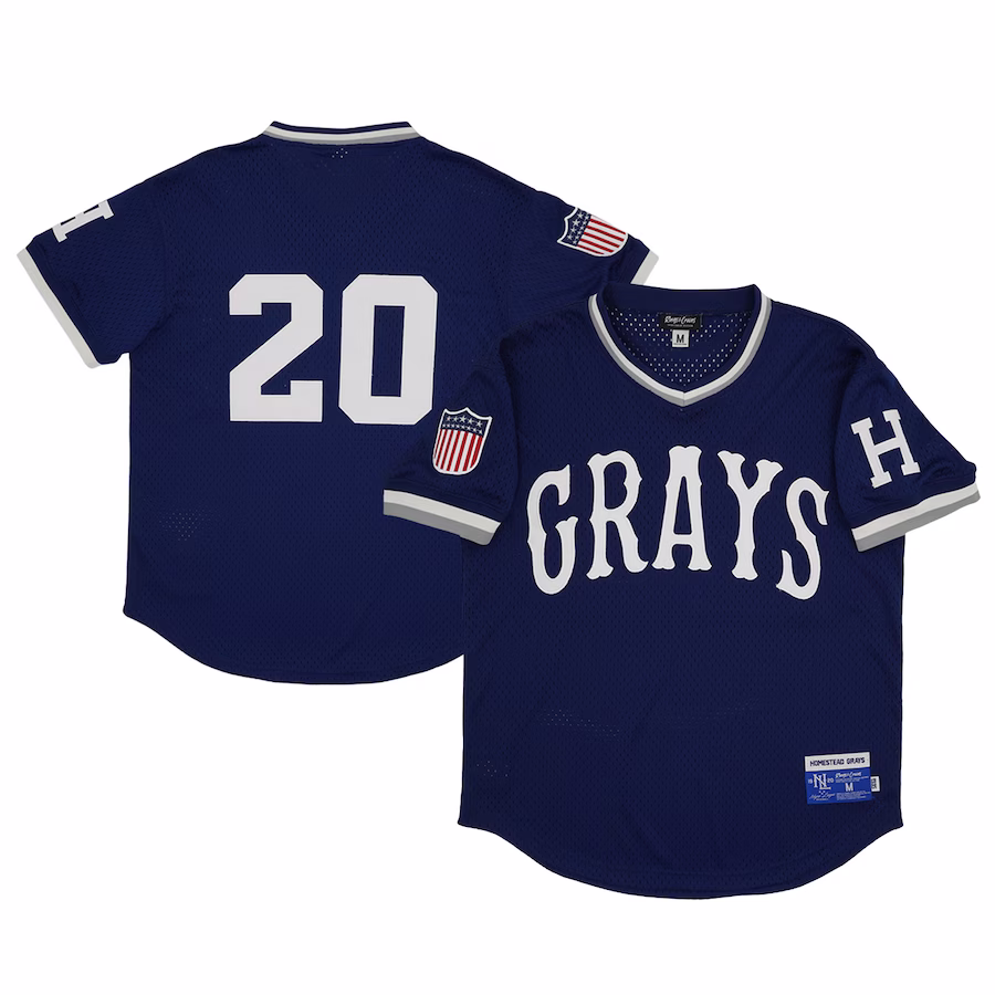 Men's Homestead Grays #20 Rings & Crwns Navy Mesh Replica V-Neck Jersey - Jersey