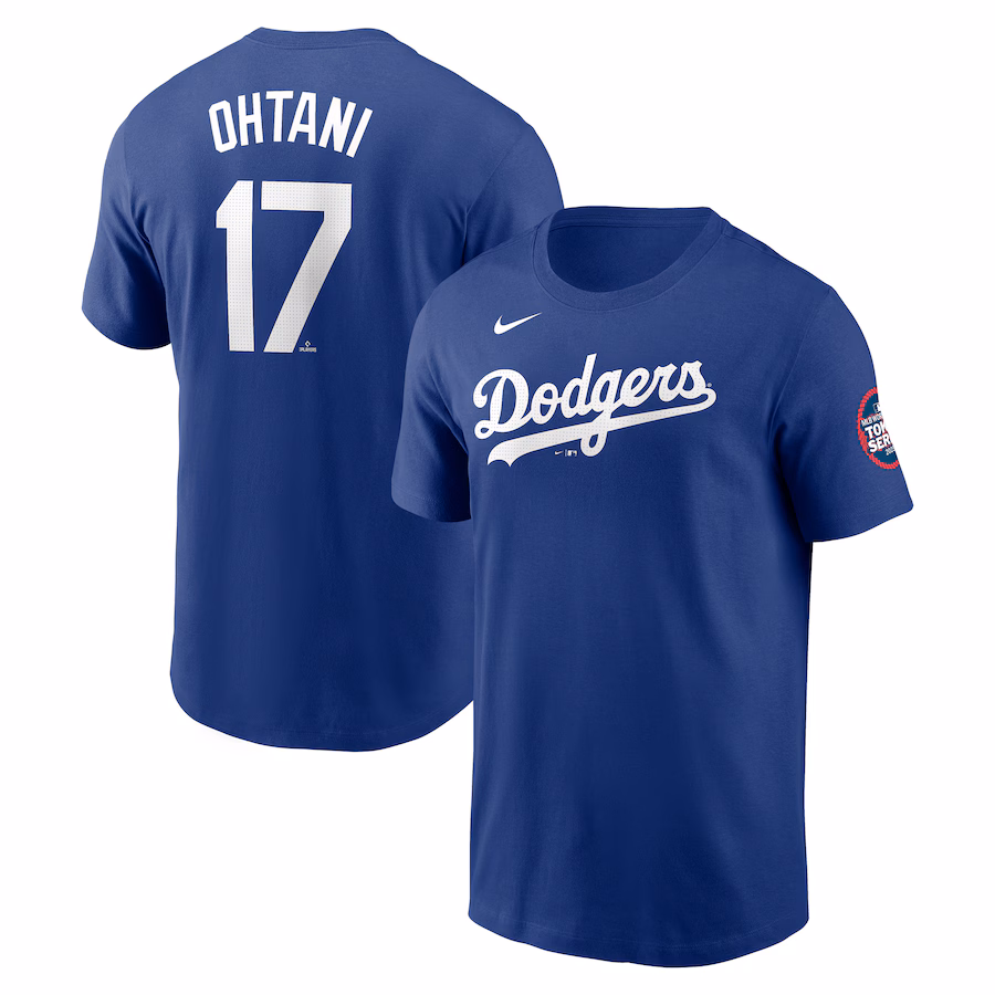Men's Los Angeles Dodgers Shohei Ohtani Nike Royal 2025 MLB World Tour: Tokyo Series Name & Number T-Shirt - Jersey