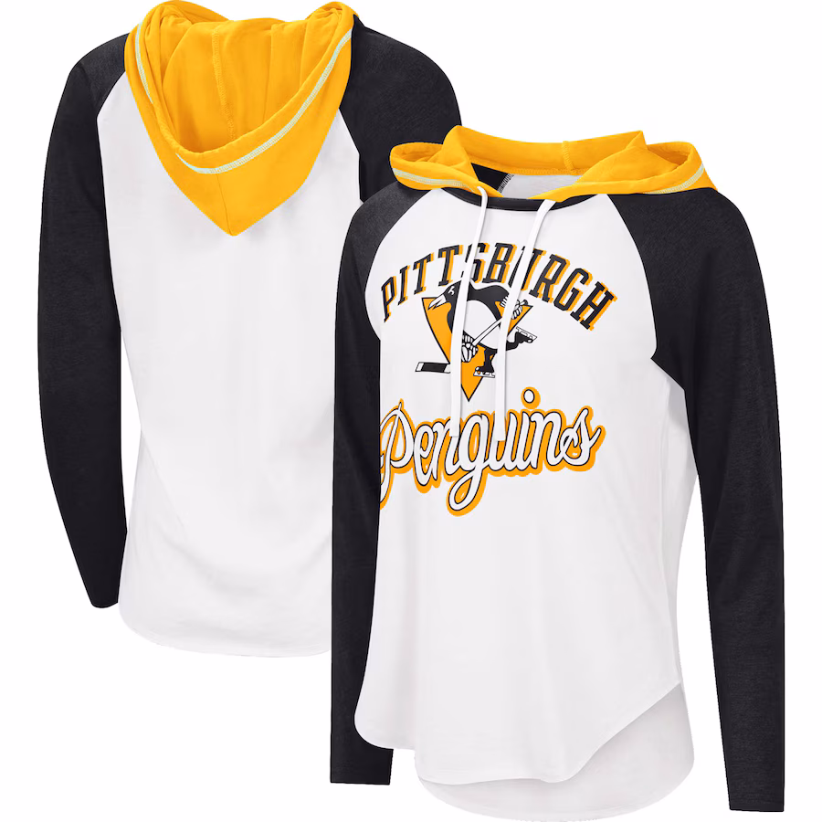 Women's Pittsburgh Penguins G-III Sports by Carl Banks White/Heather Black MVP Raglan Lightweight Hooded T-Shirt - Jersey