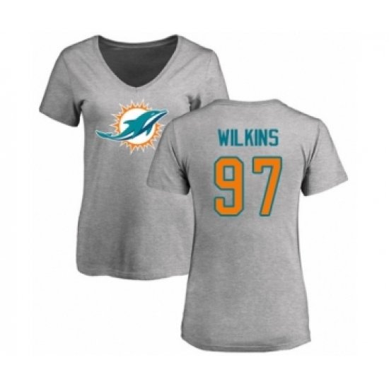 Football Women's Miami Dolphins #97 Christian Wilkins Ash Name & Number Logo T-Shirt - Jersey