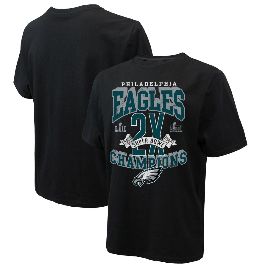 Men's Philadelphia Eagles Majestic Threads Black Two-Time Super Bowl Champions Yard Lines Heavyweight T-Shirt - Jersey