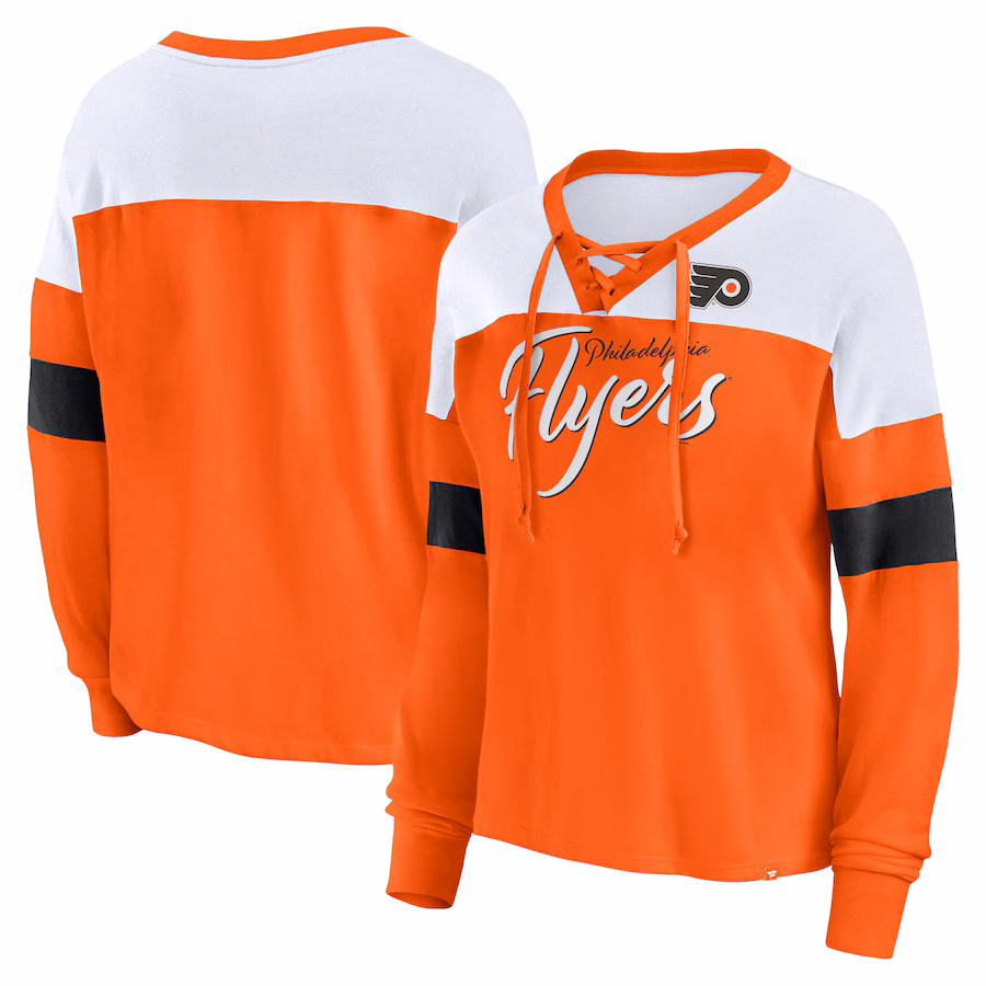 Women's Philadelphia Flyers Fanatics Orange Take the Shot Long Sleeve Lace-Up V-Neck T-Shirt - Jersey