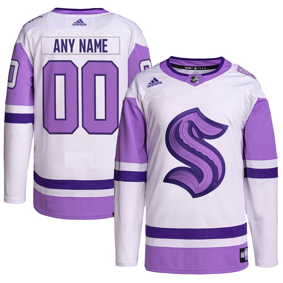 Men's Seattle Kraken adidas White/Purple Hockey Fights Cancer Primegreen Authentic Custom Jersey - Jersey