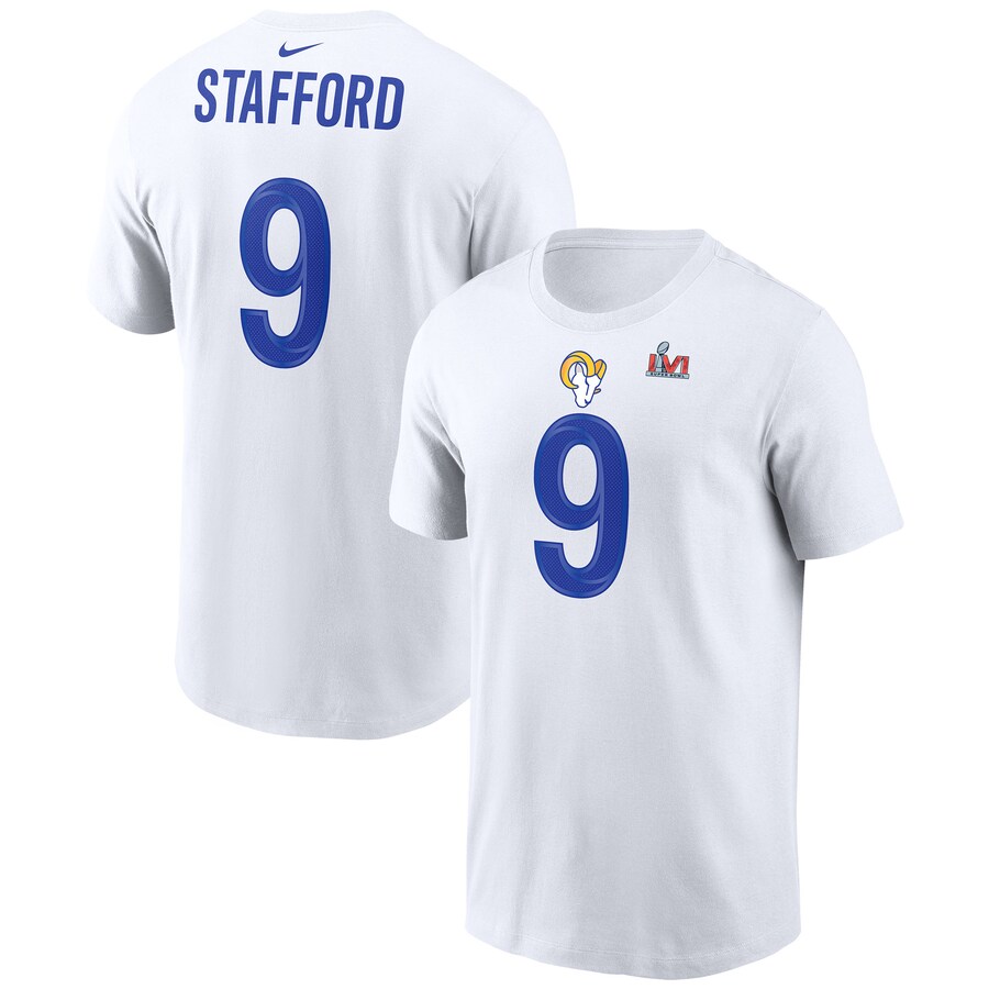 Men's Los Angeles Rams Matthew Stafford Nike White Super Bowl LVI Player Name & Number T-Shirt - Jersey