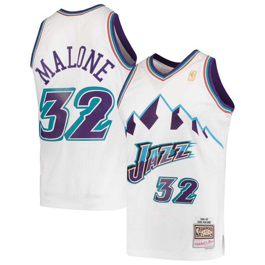 Men's Utah Jazz Karl Malone Mitchell & Ness White 1996/97 Hardwood Classics Swingman Jersey - Jersey
