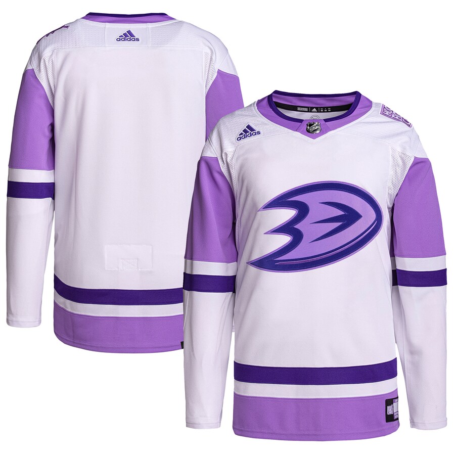 Men's Anaheim Ducks adidas White/Purple Hockey Fights Cancer Primegreen Authentic Blank Practice Jersey - Jersey