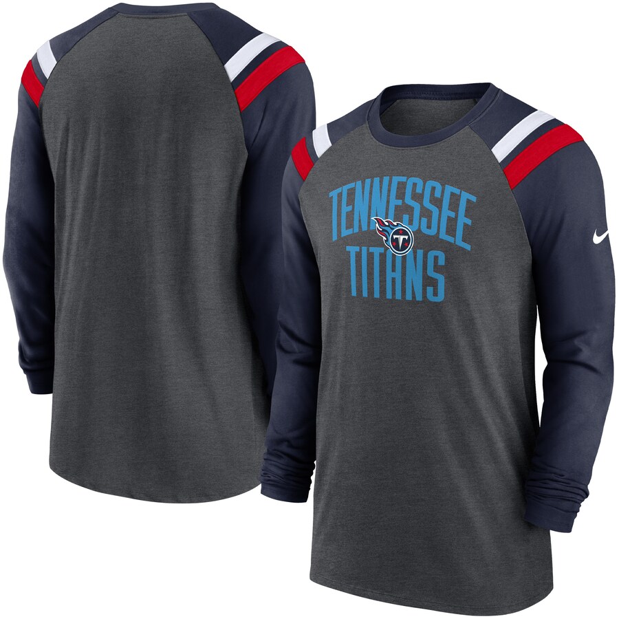 Men's Tennessee Titans Nike Heathered Charcoal/Navy Tri-Blend Raglan Athletic Long Sleeve Fashion T-Shirt - Jersey