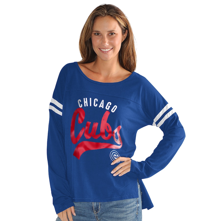 Women's Chicago Cubs G-III 4Her by Carl Banks Royal Free Agent Distressed Long Sleeve Scoop Neck T-Shirt - Jersey
