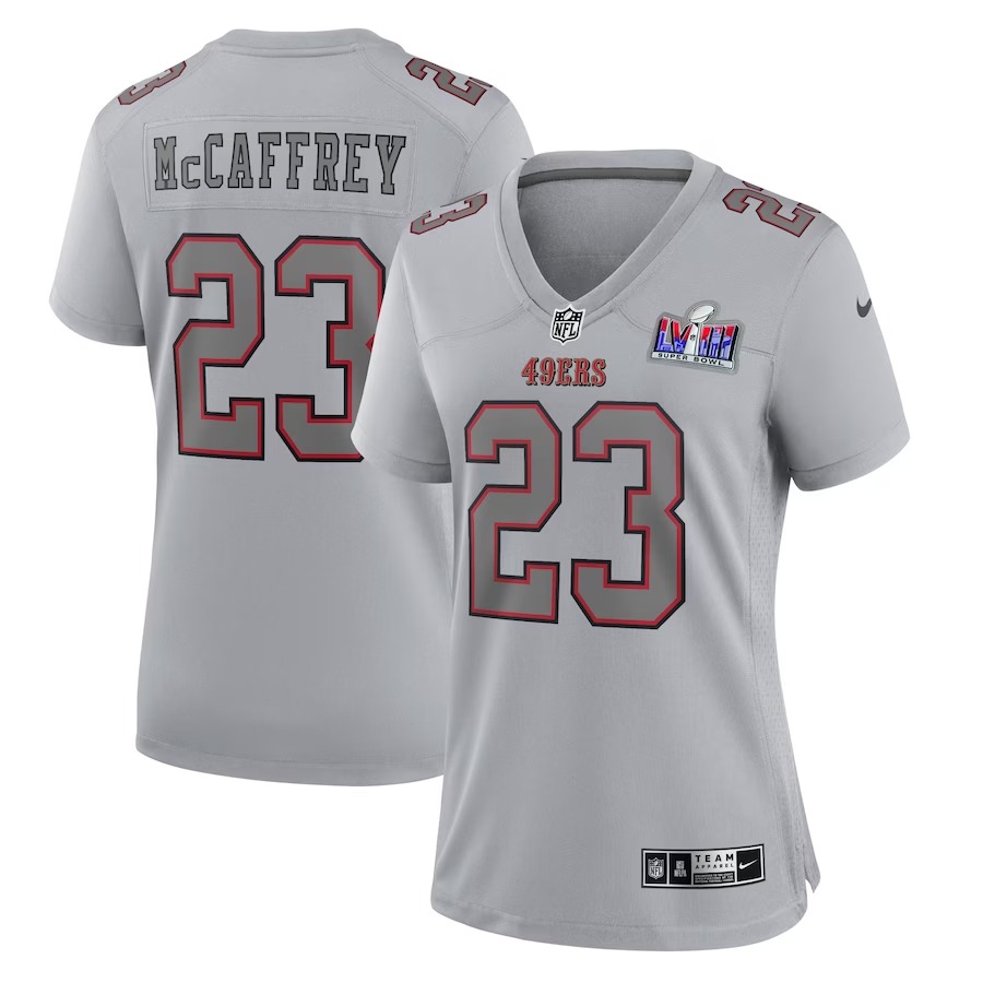 Women's San Francisco 49ers Christian McCaffrey Nike Gray Super Bowl LVIII Atmosphere Fashion Game Jersey - Jersey