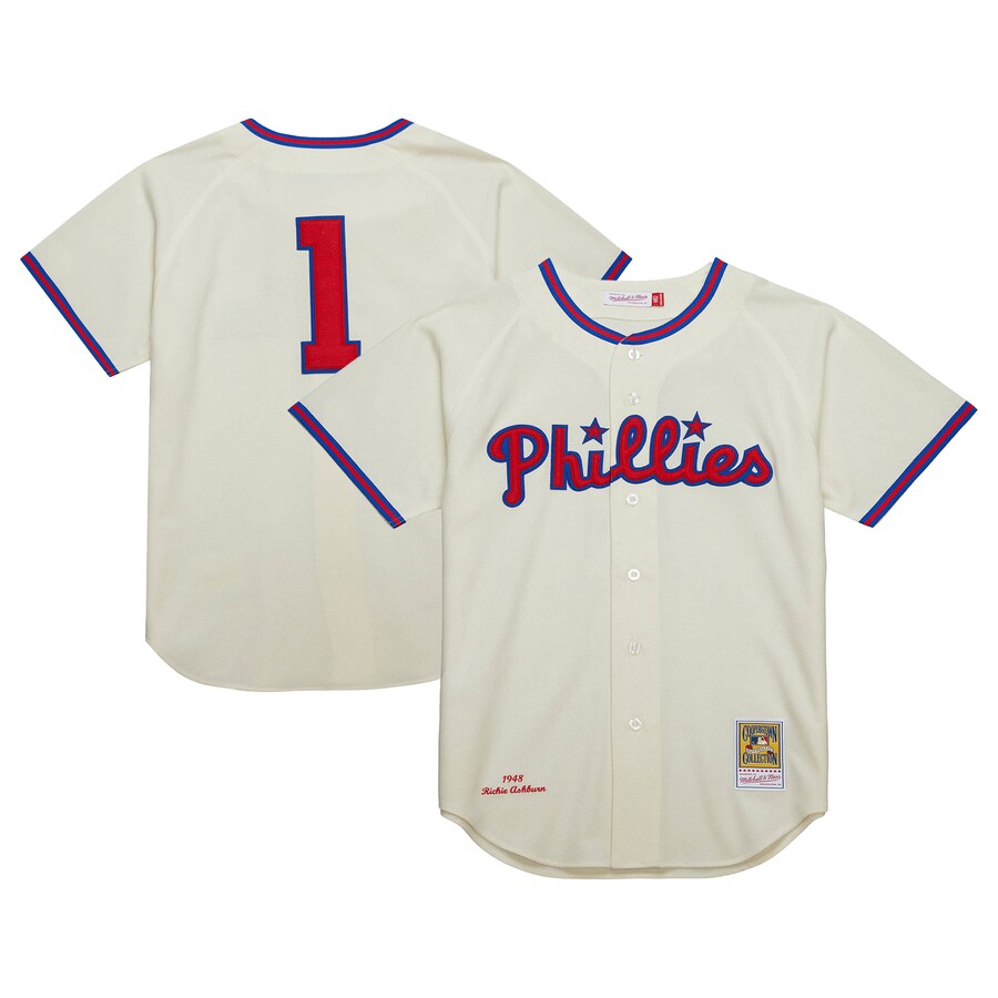 Men's Philadelphia Phillies Richie Ashburn Mitchell & Ness Cream Cooperstown Collection 1948 Authentic Jersey - Jersey