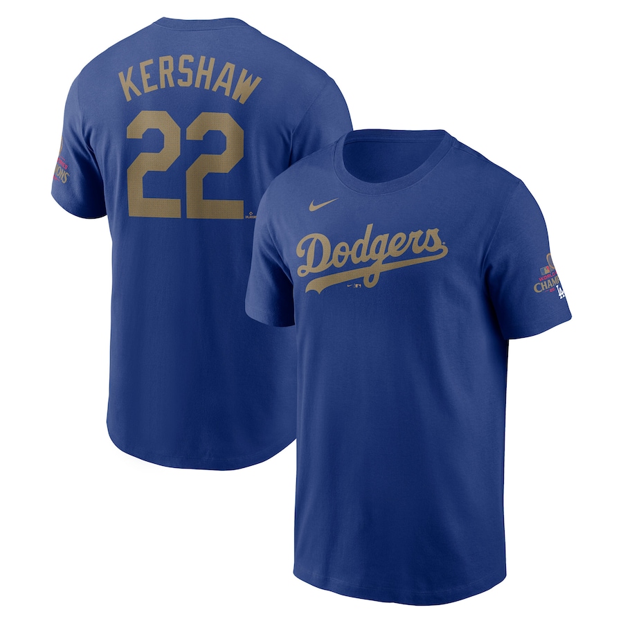 Men's Los Angeles Dodgers Clayton Kershaw Nike Royal 2025 Gold Collection Name & Number T-Shirt - Jersey