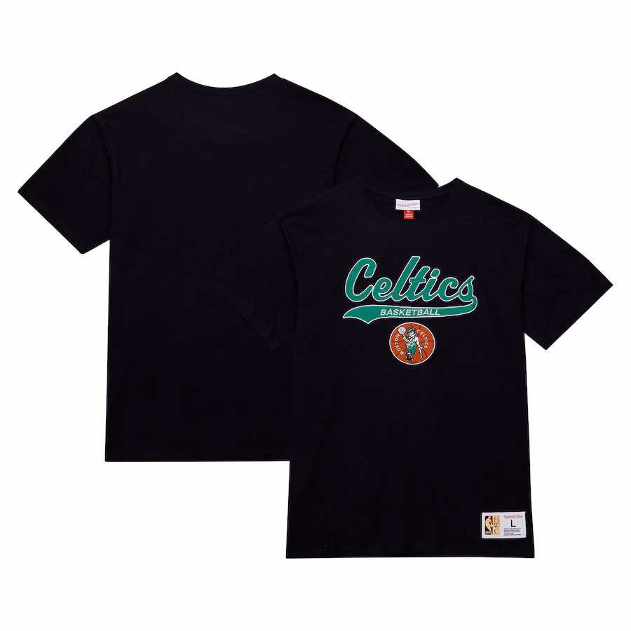Men's Boston Celtics Mitchell & Ness Black Hardwood Classics Felt Applique Slub T-Shirt - Jersey