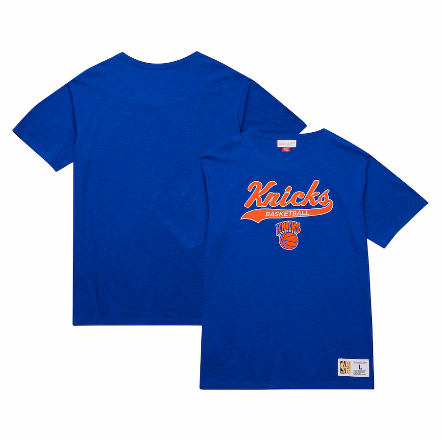 Men's New York Knicks Mitchell & Ness Blue Hardwood Classics Felt Applique Slub T-Shirt - Jersey